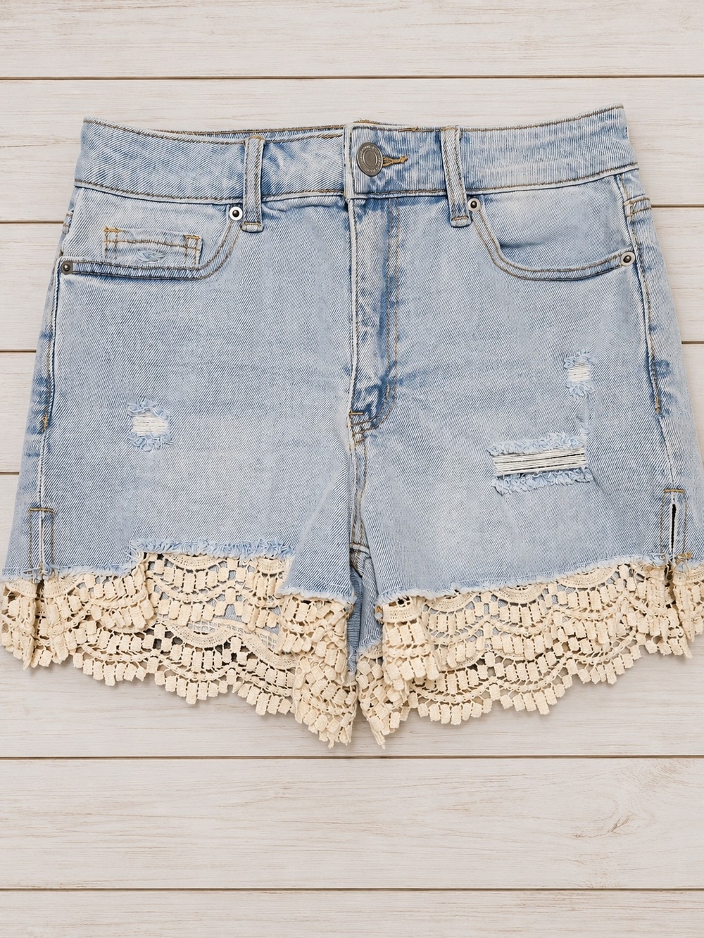 SO Light Blue Denim Shorts with Cream Lace Trim Size 9 Juniors